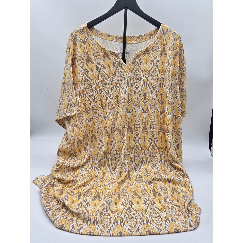 Roaman's Women's 3X 30/32 Mustard Brown Ikat Print V-Neck Tunic 101-301